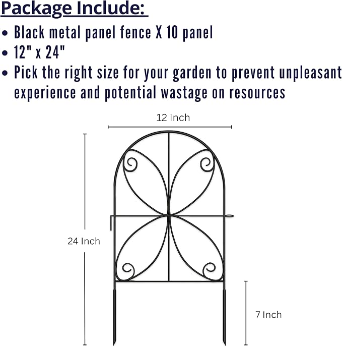 ShopLaLa Garden Fence Animal Barrier (10 Panels) 12in(L) x 24in(H) Rustproof Decorative Metal Wire Fencing Flower Bed Edging for Landscape, Animal Barrier Fencing Dogs Patio Outdoor Black Border Decor