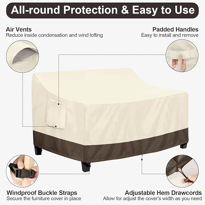 PureFit Outdoor Couch Cover Waterproof Patio Sofa Furniture Covers, 2-Seater Outdoor Loveseat Cover with Air Vent and Handles, 60W x 35D x 35H Inches, Beige/Brown