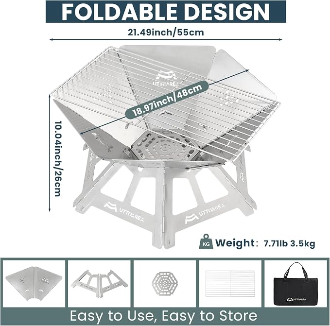 21" Portable Outdoor Fire Pit with Charcoal Grill Net & Storage Bag | 0.8mm Thick Stainless Steel, For Patio, Backyard BBQ, Camping & Beach Bonfires