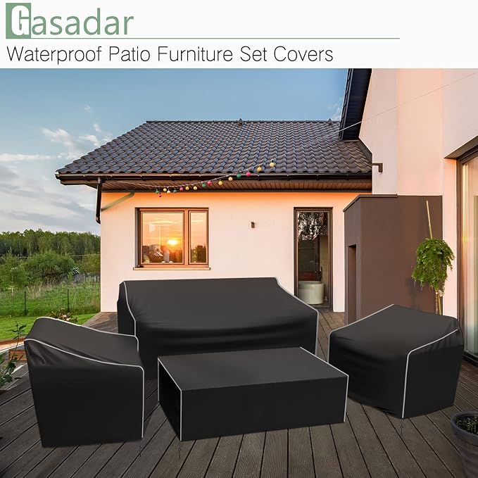 Gasadar Patio Furniture Covers Set, 4 Piece Waterproof Outdoor Furniture Cover for Outdoor Coffee Table, Chair, and Loveseat, Heavy Duty 600D, Black
