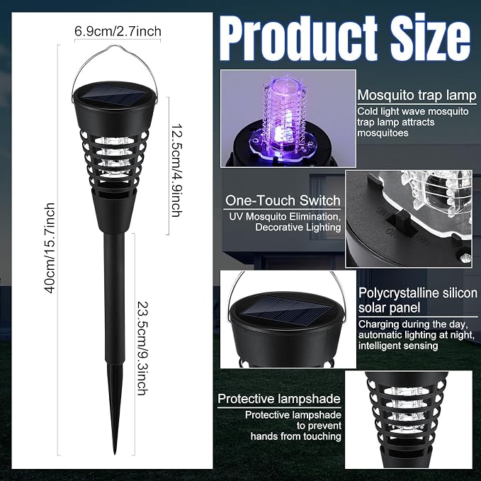 Qualirey 12 Pack Solar Bug Zapper & Mosquito Killer Outdoor Waterproof Cone-Shaped LED Light Mosquito Repellent for Patio, Garden, Yard, Camping - Hanging/Insertion Design (Flame & Purple Light)