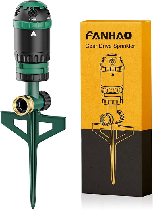 FANHAO Heavy Duty Gear Drive Sprinkler with Metal Spike Base, 5-Pattern Adjustable Sprinkler Irrigation System, 360 Degree Rotating Water Sprinkler for Large Area Yard, Garden Plant
