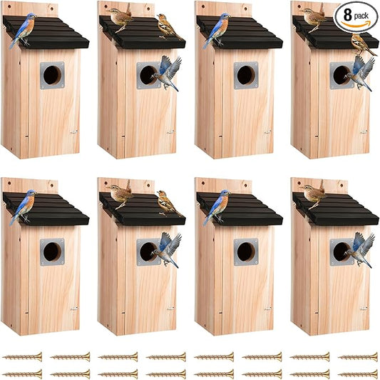 Dreyoo 8 Pack Bluebird Box Houses for Outside,1-1/2'' Entrance Hole Wooden Bird Houses with Metal Guard, Secure Latch,Fledgling Grooves,Air Vents for Bluebird Wren Swallow (Black Roof,Wood Body)