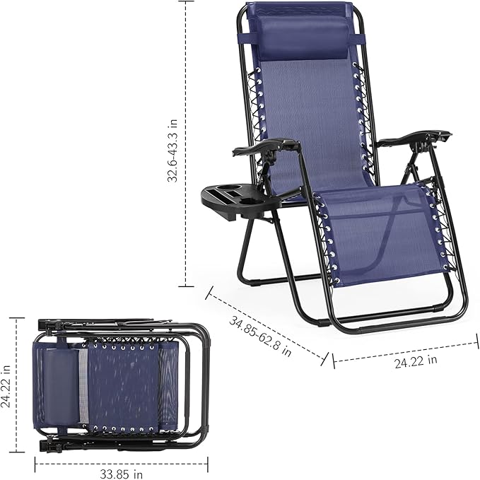 Sweetcrispy Zero Gravity Chairs Set of 2, Outdoor Folding Reclining Lounge Chair with Cup Holder Tray & Adjustable Pillow, Portable Camping Beach Patio Poolside Lawn Yard Chair, Classic Blue
