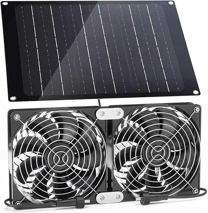 Solar Powered Fan, 30W Solar Fan with Two IPX7 Waterproof Fans for Outside Greenhouse Shed Chicken Coop, Exhaust Intake Mounting Way and Solar Panel Fan Kit