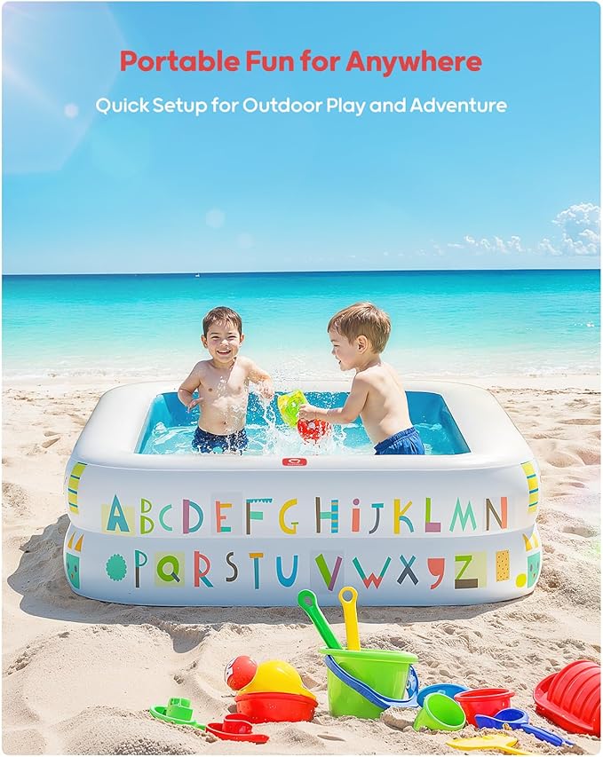 QPAU Kiddie Pool – 65" x 39" Inflatable Pool for Kids & Toddlers, Ball Pit & Baby Pool with Soft Floor, Educational Alphabet & Number, Durable Outdoor Play Toys for Backyard & Indoor Fun (Blue)