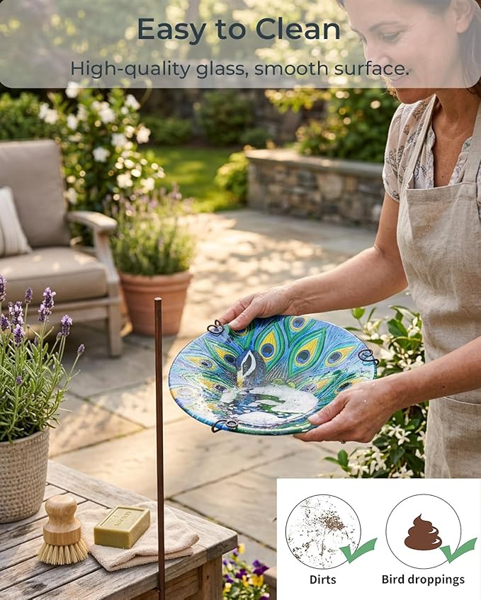 Peacock Bird Bath for Outside Glass Birdbath Bowl & Birdfeeder with Metal Stake for Garden, Yards Lawn Patio, Bird Lovers Gift 10.5" D