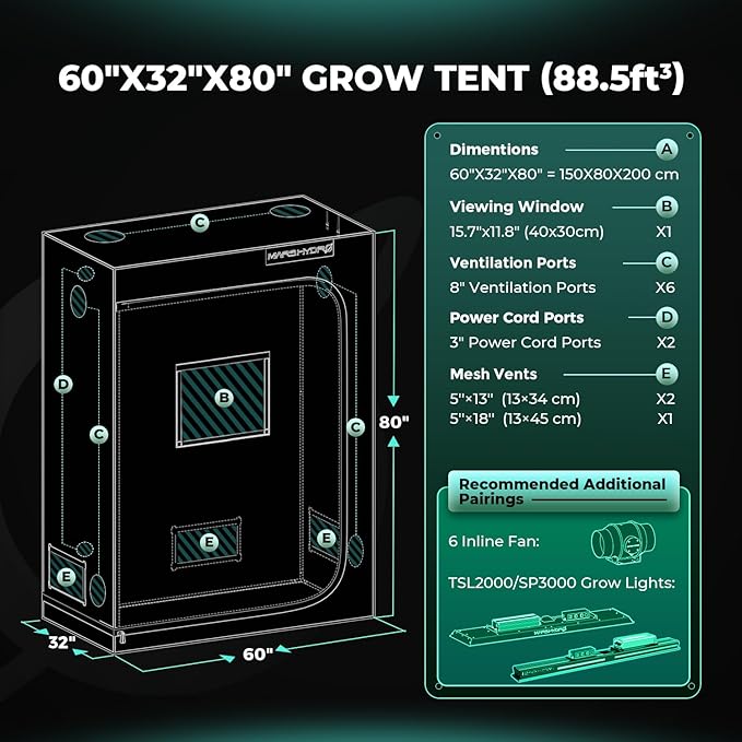MARS HYDRO 5x2.6 Advanced Grow Tent, 60"x32"x80" High Reflective Mylar 1680D for Hydroponics Indoor Plant Growing, with Observation Window,Floor Tray and Smooth Zipper for TSL2000/SP3000
