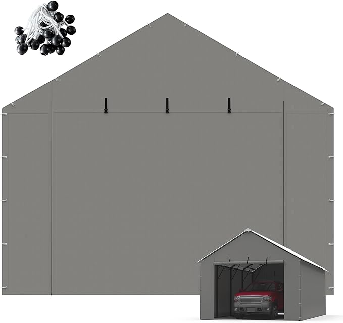 Metal Carport Replacement Sidewalls for 12x20ft Metal Carport, Heavy Duty PE Tarp Waterproof UV Resistant, Roll Up Door Panels with Bungee Balls & Steel Ropes，Gray(Frame Not Included)