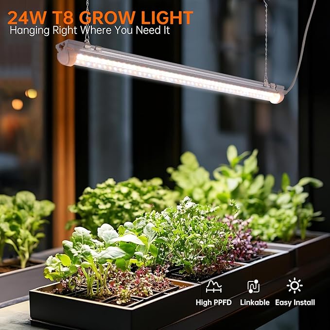 Bstrip Grow Light, 2FT 144W (6 x 24W) Plant Light, Full Spectrum with 660nm Red LEDs, 3686K T8 Grow Lights for Indoor Plants, Greenhouse, Seeding, Linkable Design with On/Off Switch, 6-Pack
