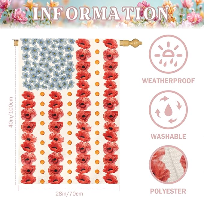 Large Patriotic Poppy House Flag American Flag Floral Gargen Flags Outdoor Double Sided Memorial Day Independence Day Fourth of July Oversized Yard Banner All Season Decor 28 x 40 Inch