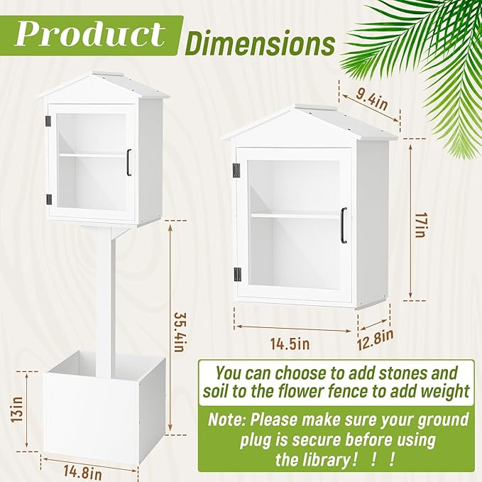 Wonderjune Little Library Box Outdoor, Durable Weatherproof Solid Wood Book Exchange Box with Floor Plugs and Small Flower Fence for Community, Literature, School Sharing Book(White,Steepletop)