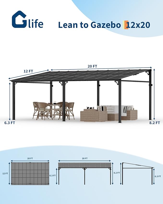 GarveeLife 12 ft x20 ft Upgraded Lean-to Wall-Mounted Gazebo | 6 mm Polycarbonate Roof & Reinforced Aluminum Frame | All-Weather Hardtop Pergola for Patio, Deck, Backyard