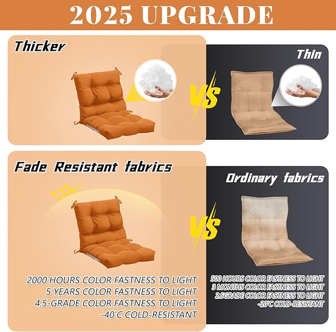 Marsui 4 Pcs Outdoor Indoor High Back Chair Cushions Patio Furniture Tufted Pillow with Ties Water-Resistant Replacement Outdoor Rocking Chair Cushions, 42 x 21 Inches (Orange,Solid Color)