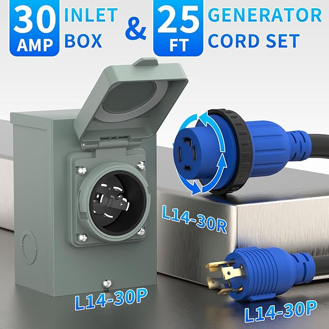 BEBOBLY 30 Amp Power Inlet Box and 25FT Generator Cord, 125V/250V Emergency Power Combo Kit, NEMA 4 Prong Generator Plug, NEMA L14-30P/L14-30R RV Power Extension Cord, Twist Lock