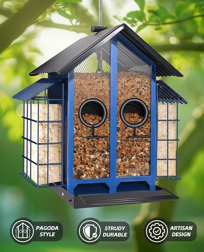 Weatherproof Bird Feeders for Outdoors - 4Lbs Large Metal Suet Feeder for Cardinal Finch, Garden Decor (Ordinary Blue)