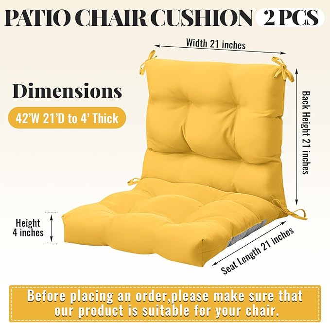 Marsui 2 Pcs Outdoor Indoor High Back Chair Cushions Patio Furniture Tufted Pillow with Ties Water-Resistant Replacement Outdoor Rocking Chair Cushions, 42 x 21 Inches (Yellow,Solid Color)