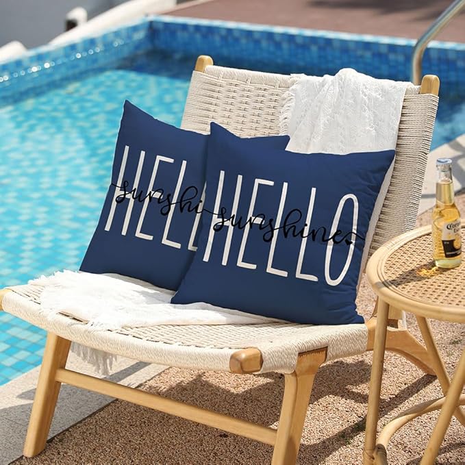 DFXSZ Outdoor Pillow Covers 18x18 Inch Set of 2 Hello Sunshine Decor Blue Waterproof Summer Outdoor Pillowcases Decor for Patio Funiture Garden Sofa Couch 020K18