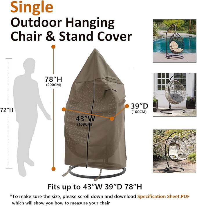 Patio Hanging Chair Cover with Adjustable X-Lock System and Zipper, Easy On Easy Off, Heavy Duty 100% Waterproof 600D Oxford Swing Egg Chair Winter Cover