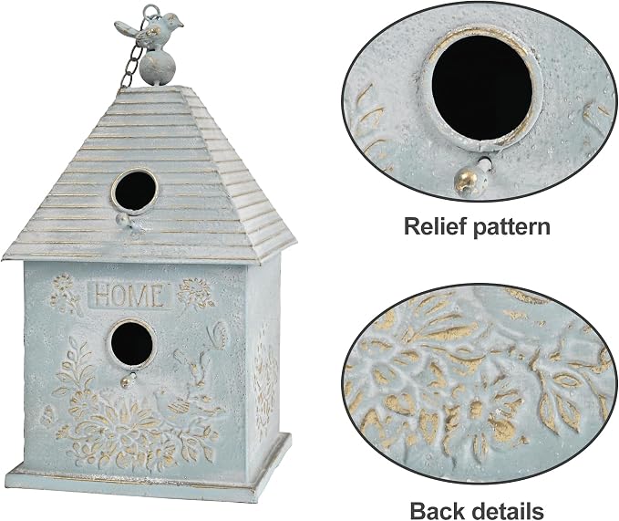 Distressed White Hanging Birdhouse with Home Emblem, Rustic Farmhouse Decorative Bird Nest Box for Outdoor Garden, Patio, Yard, Weathered Bird Shelter for Small Birds (Blue)