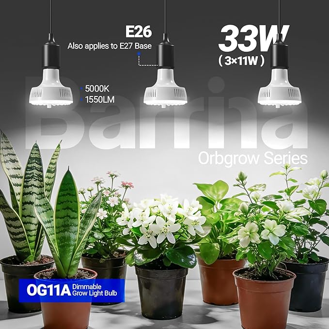Barrina Orbgrow OG11A Grow Light Bulbs for Indoor Plants, Integrated Dimming & Timing, 5000K 33W(3 x 11W, 300 Watt Equiv), E26 Plant Light Bulb, Full Spectrum for Seeds and Greens, 3 Packs, White