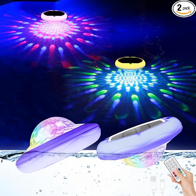 BOXPSII Solar Floating Pool Lights(2 Pack), Rechargeable Pool Lights that Float with Remote, 6.7'' 2600mAh IP68 Waterproof Floating Light 13 Colors Upper and Lower Glow Solar Light for Pools