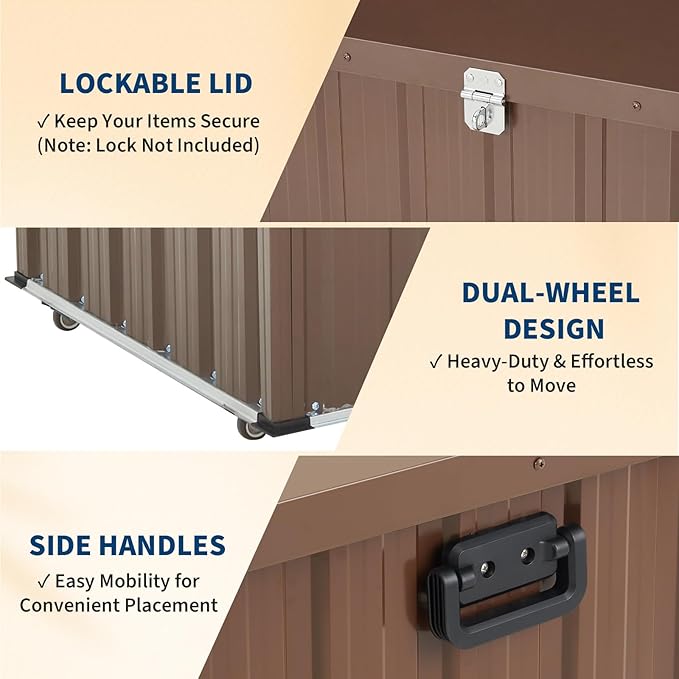 150 Gallon Metal Deck Box Waterproof Outdoor Storage Box with Wheels and Handles, Patio Storage Box for Cushions, Tools and Pool Gear, Steel Frame and Panels for Deck Porch Poolside Garden，Brown