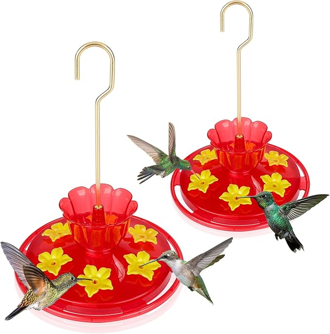 Plastic Hummingbird Feeders for Outdoors Hanging Ant and Bee Proof, 2 Pack 7 OZ Hummingbird Feeder with 6 Feeding Ports and Perches, Built-in Ant Moat, Easy Clean Refill for Garden Décor(Plastic, 2)