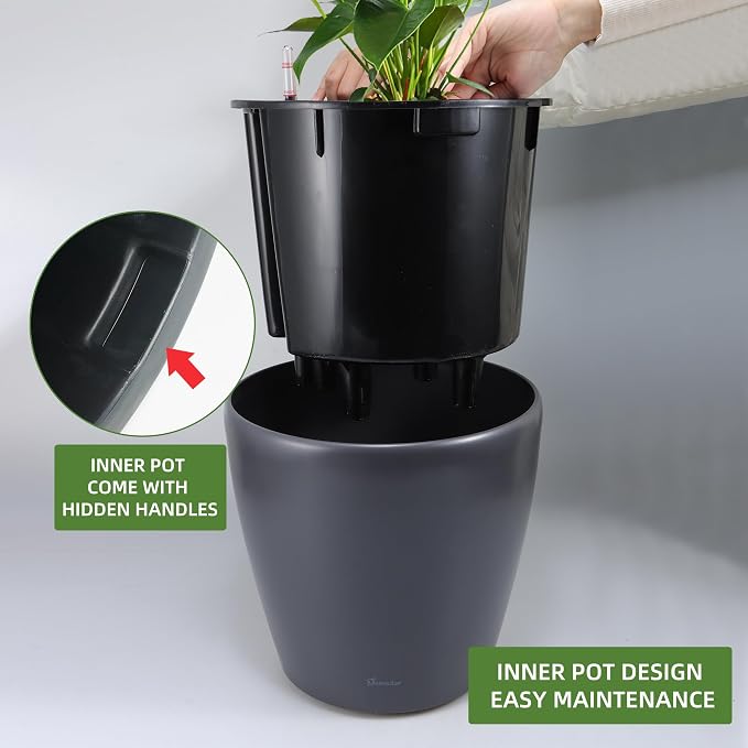 Dexceder 13x12 Self Watering Planter with Wheels (Slate Gray Matte) | Inner Pot Design, Thickened Large Floor Standing Flower Plant Pot with Water Level Indicator Indoor Outdoor