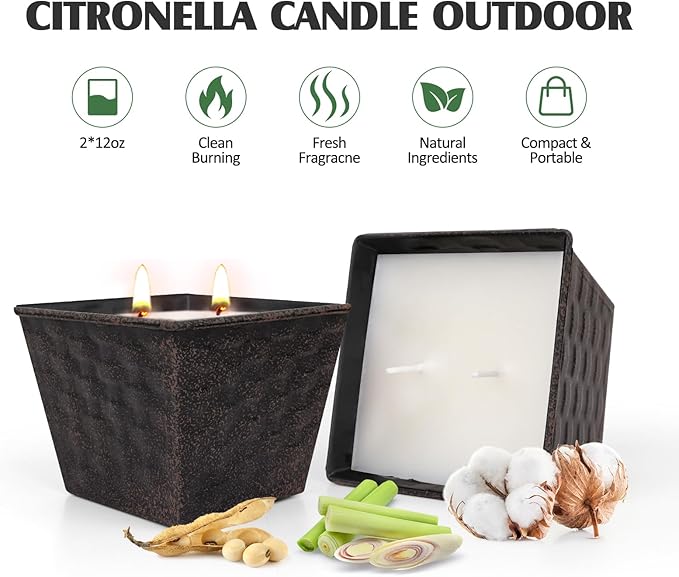 Citronella Candles Outdoor – 2 Pack, 12oz Each, Large Double-Wick Soy Wax Candles, 100-Hour Burn Time, for Patio, Camping, Backyard, Emergency & Survival