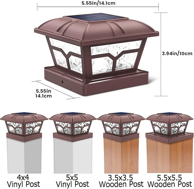 SIEDiNLAR Solar Post Cap Lights Outdoor 2 Color Modes 8 LEDs for 4x4 5x5 6x6 Posts Fence Deck Patio Decoration Warm White & Cool White Lighting Brown (4 Pack)