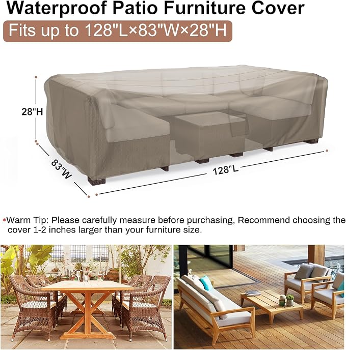 Mrrihand Heavy Duty Patio Furniture Covers, Outdoor Furniture Covers Waterproof Sectional Sofa Set , Patio Table and Chair Set Cover 128"L×83"W×28"H,Brown