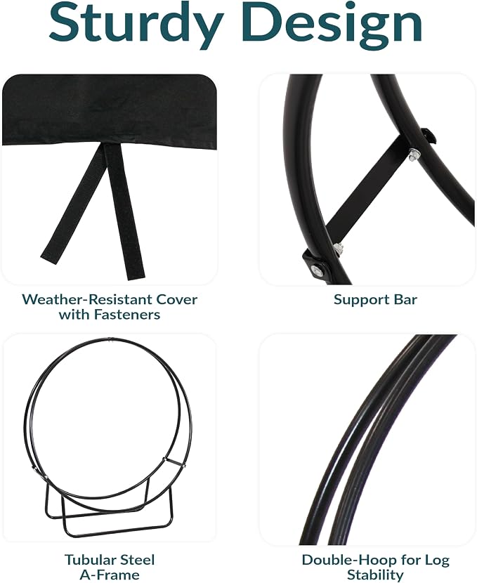 Sunnydaze 24-Inch Firewood Rack with Cover - Black Indoor Firewood Holder - Log Holder Hoop and Cover Set - 300-lb Capacity