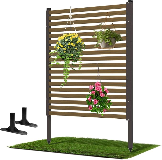 Privacy Screen Freestanding Outdoor,3ft × 4ft Wood Grain Metal Decorative Privacy Fence Panels with Base Feet for Patio,Dark Brown