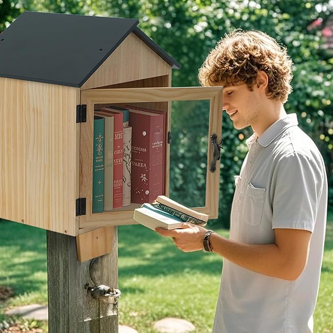 Little Library Box Outdoor Wooden Outside Library Book Boxes‌ Literature Exchange Box Book Storage for Diy, Neighborhoods Community and Schools Sharing Literature and Newspapers (Wood)