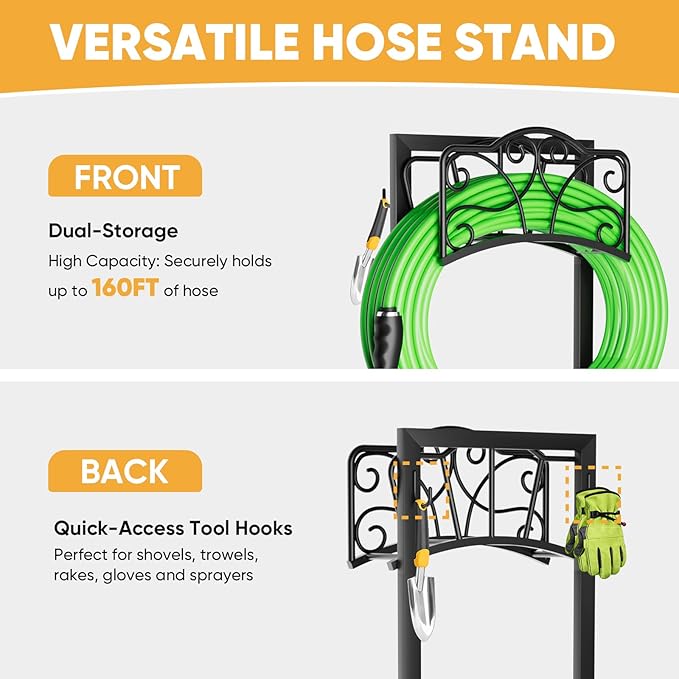 Heavy-Duty Garden Hose Holder with Tool Hooks and Stable Base, XEAPOMS Metal Hose Hanger Garden Hose Storage Holds 160Ft, Rustproof Freestanding Water Hose Holder for Outside, Yard, Lawn, Farm