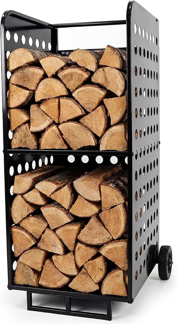 Firewood Rack Outdoor Heavy Duty 800lbs - Rolling Firewood Cart with Wheels, All Weather Fire Wood Storage Rack Indoor Outdoor