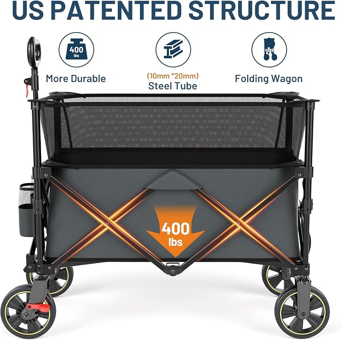 Timber Ridge 350L Extra Large Collapsible Folding Wagon Carts with Brake, Heavy Duty Outdoor Camping Utility Wagons with Extended Height, Adjustable Handle, Cup Holders, Side Bag (Gray)