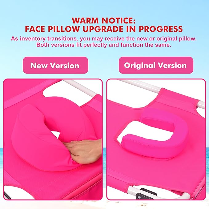 Tanning Chair with Sun Canopy Face Hole Softer Padded Adjustable Washable, Heavy Duty Layout Folding Lounge Chair for Adults Outside Beach Reading Sunbathing Poolside, UPF 50+ Sun Shade, Pink, 300 LBS