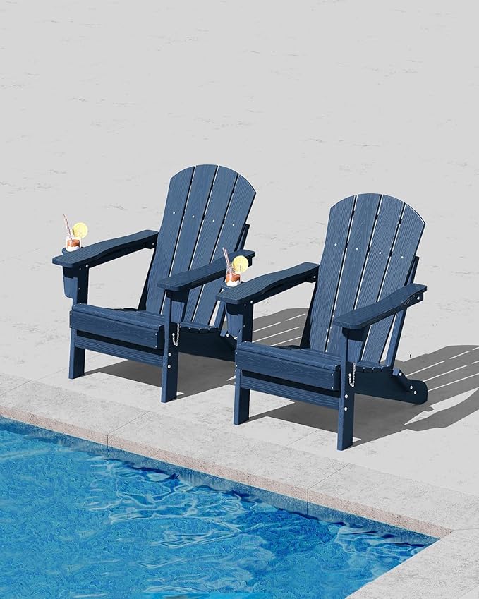 GarveeLife Folding Adirondack Chair Set of 2, All-Weather HDPE Outdoor Chair, Wooden Textured with Cup Holder for patios, Decks, Gardens, fire pits, Navy Blue