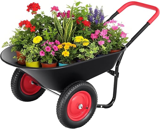 2 Wheel Wheelbarrow, Dual-Wheel Garden Dump Cart with 13" Non-Slip Pneumatic Tires & Ergonomic Padded Handle, Heavy-Duty Home Utility Yard Cart Wagon with 4.5 Cu Ft Capacity for Lawn, Gardening