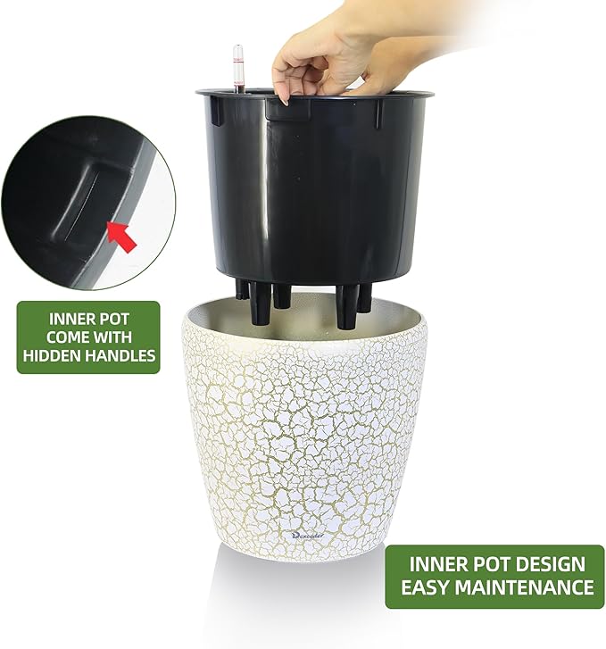 Dexceder 11x10 Self Watering Planter (White Gold Crackle) | Inner Pot Design, Thickened Table Flower Plant Pot with Water Level Indicator Indoor Outdoor