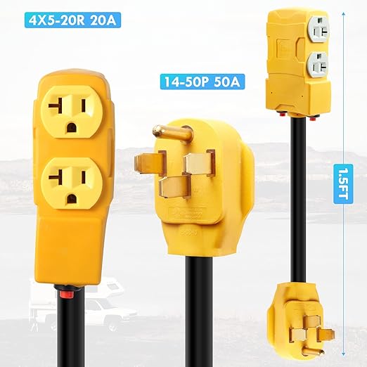 50 Amp to 20 Amp 110V RV Distribution Adapter,NEMA 14-50P to 4 X 5-20R/15R RV 4-Prong to Mutiple Household Outlet w/ 20Amp Circuit Breaker RV Generator Distribution Cord 1.5FT