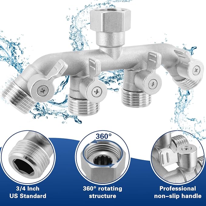 4 Way Garden Hose Splitter, 304 Stainless Steel Outdoor Faucet Splitter with 4 Individual Shut Off Valves, 3/4" GHT High Flow Hose Bib Spigot Connector