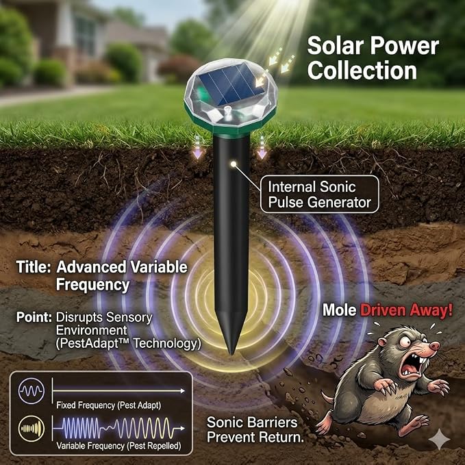 8Pack Solar Powered Mole Repellent for Lawns,IP65 Waterproof Sonic Gopher Repellent for Lawns,Ultrasonic Mole Deterrent Stakes,Get Rid for Groundhog,Woodchuck,Vole,Chipmunk for Yard Garden