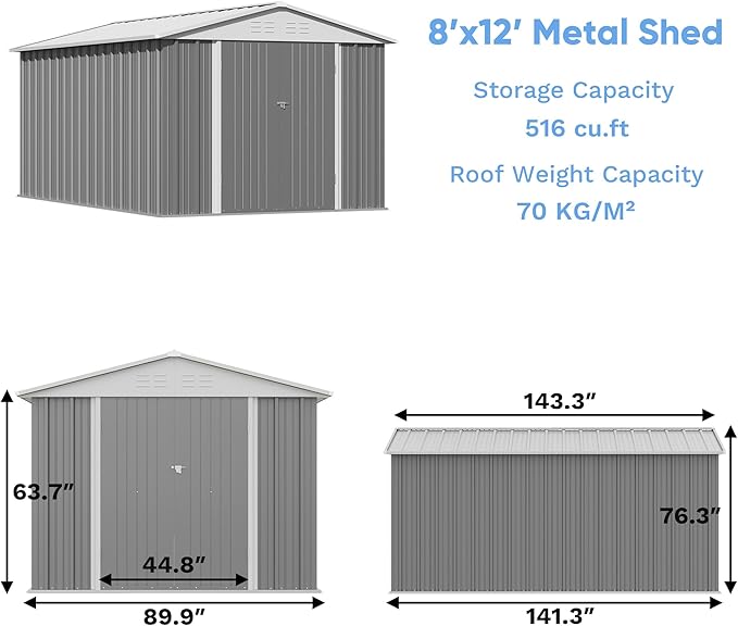 Greesum 8x12FT Outdoor Storage Shed, Utility Tool Shed with Sloping Roof, Metal Storaged Garden Shed with Door & Lock for Patio Storage, Gray