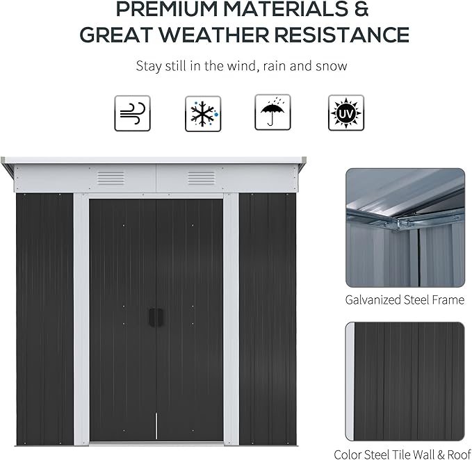 Outsunny 6' x 4' Metal Lean to Garden Shed, Outdoor Storage Shed, Garden Tool House with Double Sliding Doors, 2 Air Vents for Backyard, Patio, Lawn, Black