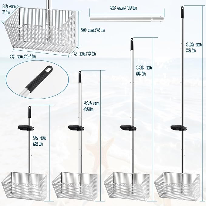 Sand Flea Rake for Beach：Metal Detachable Sand Sifter with 70in Handle,Portable Shark Tooth Sifter,Sturdy Beach Shovel for Shell,Flea,Suitable for Beach Camping,Parent-Child Activities