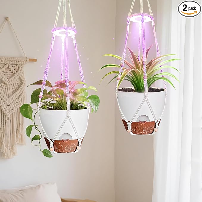 Hanging Planters for Indoor Plants: 2 Pack Macrame Plant Hangers with Grow Lights and Self-Watering Pots, Large Hanging Pots with Drainage Holes & Removable Tray（10in White Pot, GrowPro Spectrum）