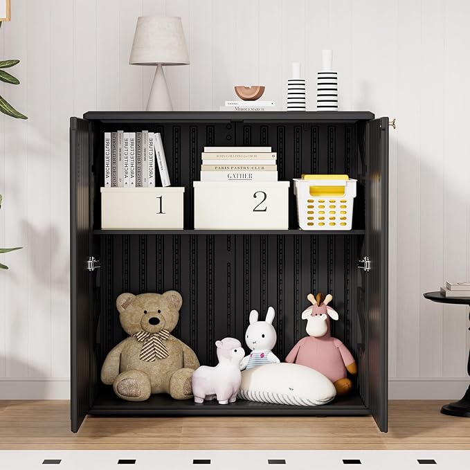 HOMSPARK Indoor/Outdoor Storage Cabinet with Doors and Shelf, 34”x15”x36” HDPE Plastic Storage Box Waterproof for Patio, Garden, Balcony, Multi-Purpose for Daily Tools, Black